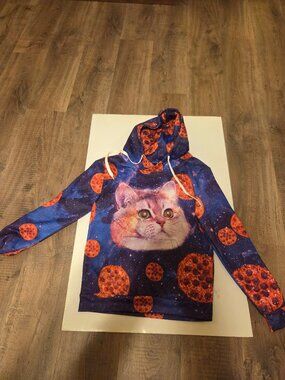 Cosmic Pizza Cat Design 3-D Printed Polyester Hooded Sweatshirt - Size S-Unisex